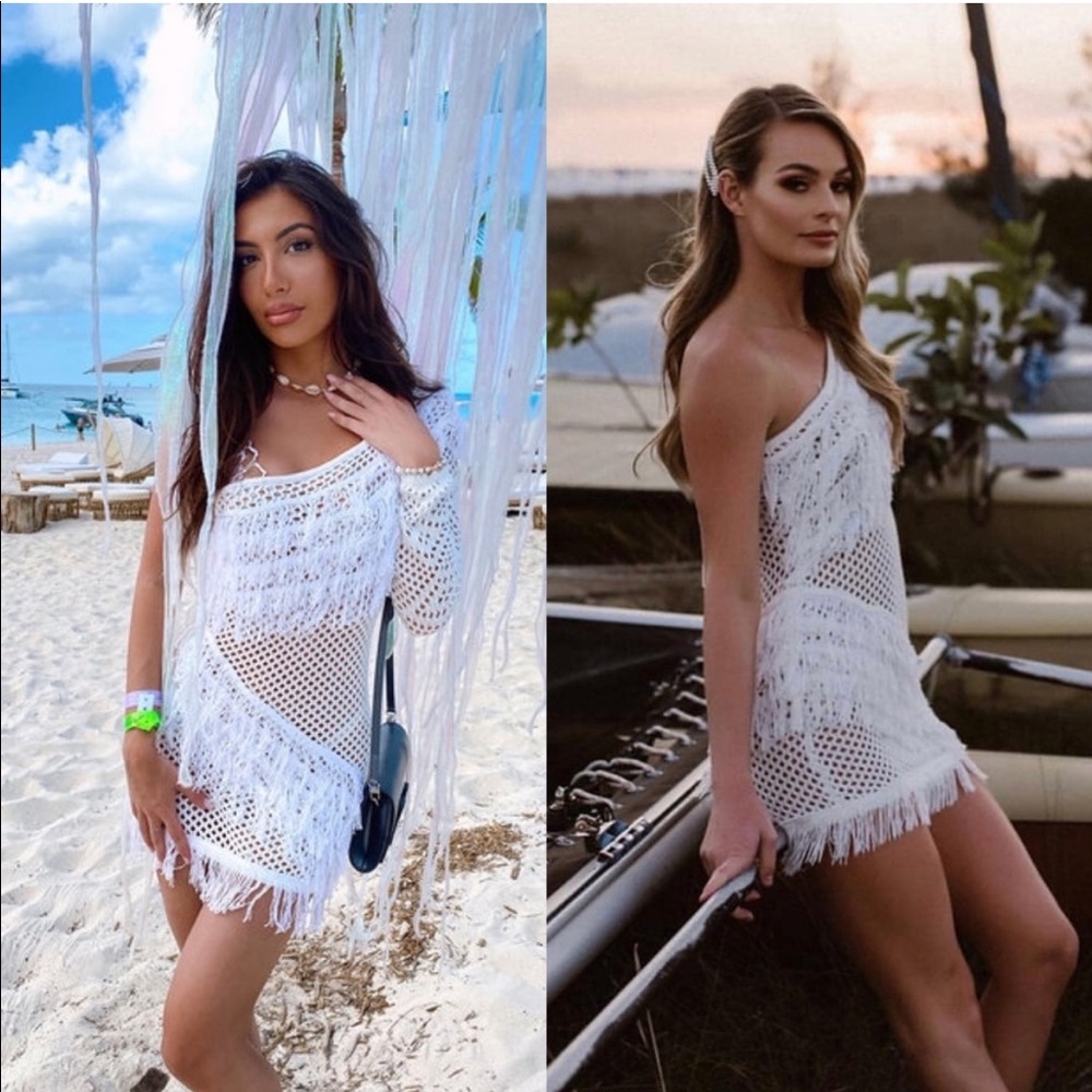 $178 TULAROSA CROCHET FRINGE DRESS FESTIVAL INFLUENCER HADID LOVERS FRIENDS BOHO